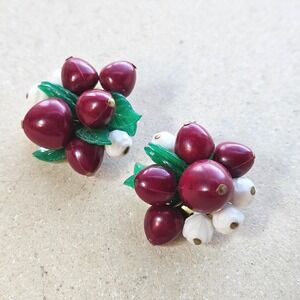 Vintage West Germany Berry Cluster Clip On Earrings Red White Green Fruit Leaf